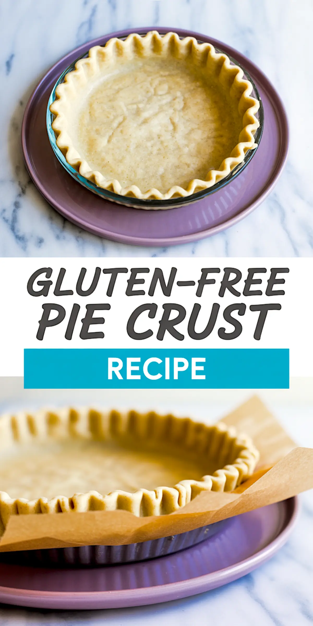 Two-angle collage image of a gluten-free pie crust in a glass dish on a purple plate, showcasing the fluted edges and text overlay reading “Gluten-Free Pie Crust Recipe.”