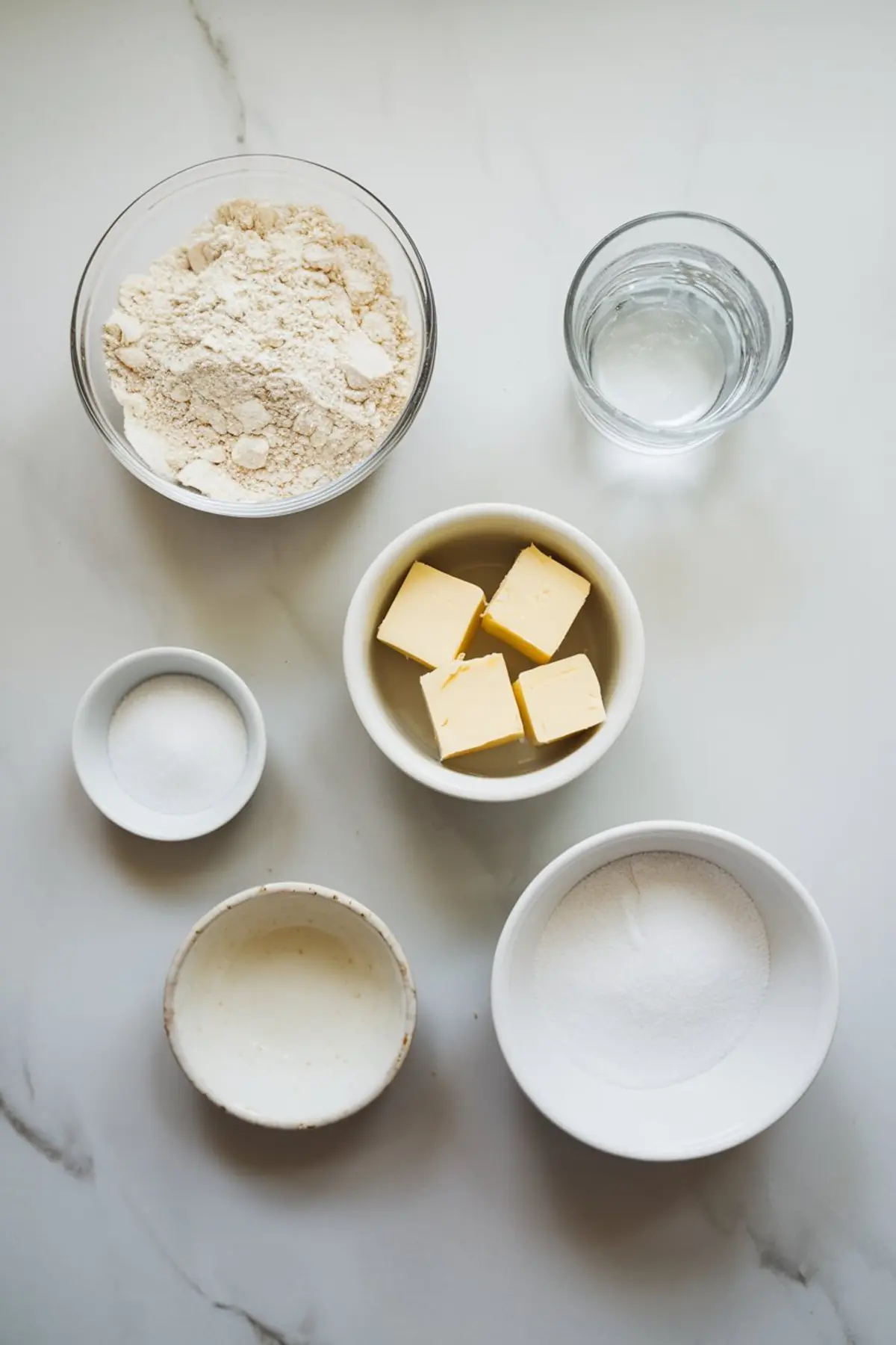 Overhead view of gluten-free pie crust ingredients on a white marble surface, including flour, butter cubes, sugar, salt, water, and a creamy liquid in small bowls.