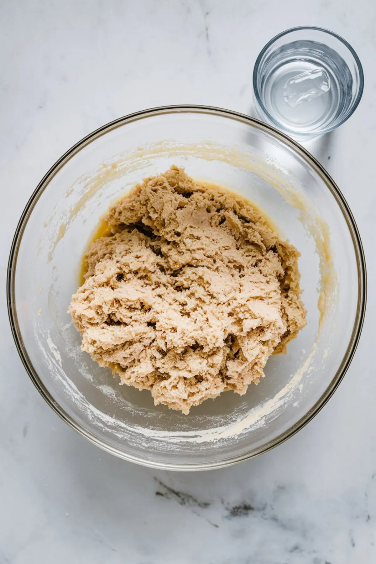 Glass mixing bowl filled with blended gluten-free pie dough on a marble surface, with a glass of ice water placed beside the bowl.