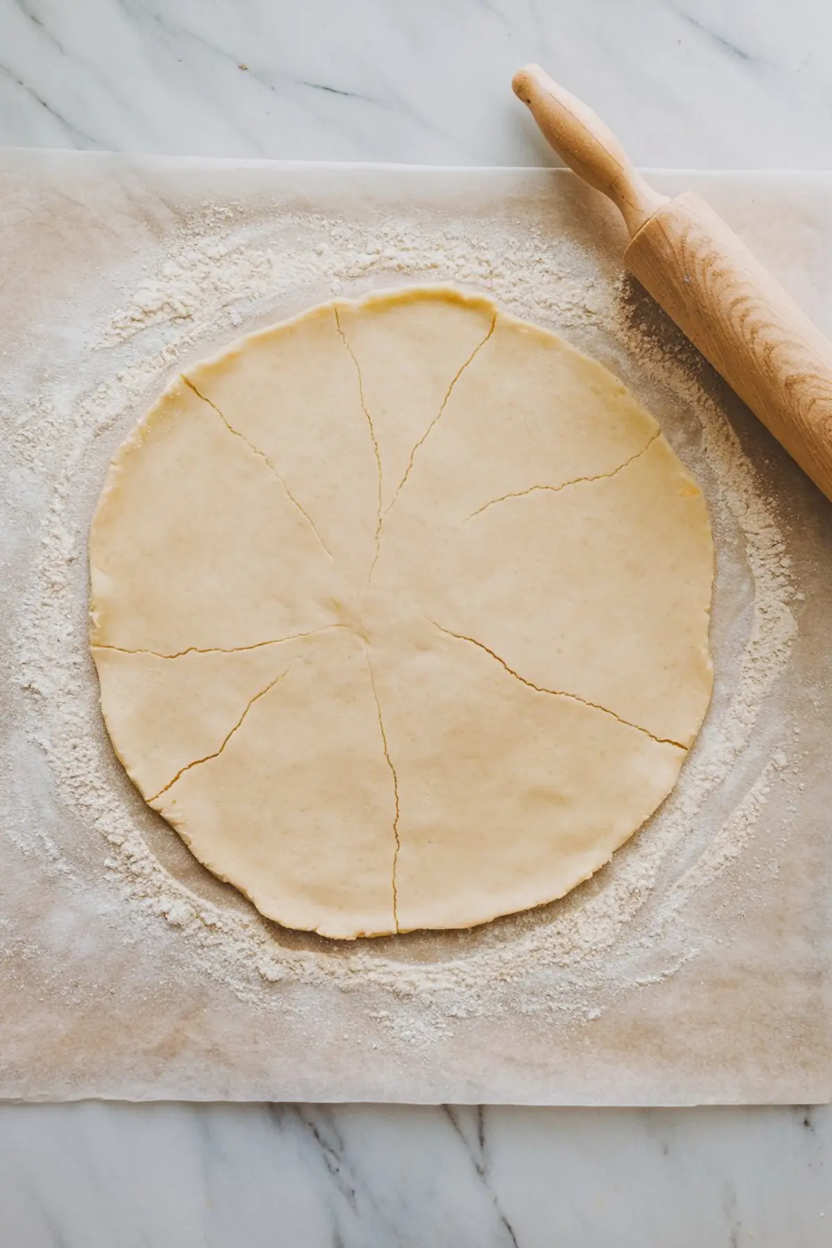Rolled out gluten-free pie dough in a circle on floured parchment paper with cut marks and a wooden rolling pin to the side.
