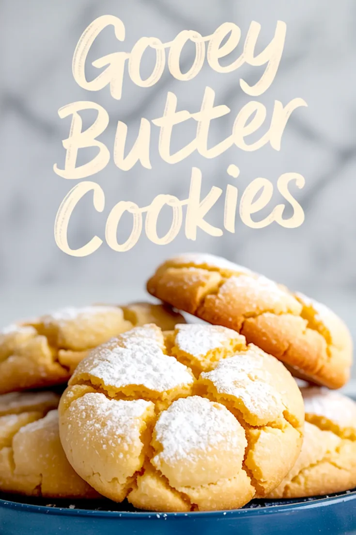 Stack of golden gooey butter cookies on a blue plate, dusted with powdered sugar and cracked on top, styled in front of a light marble background with handwritten recipe title overlay.