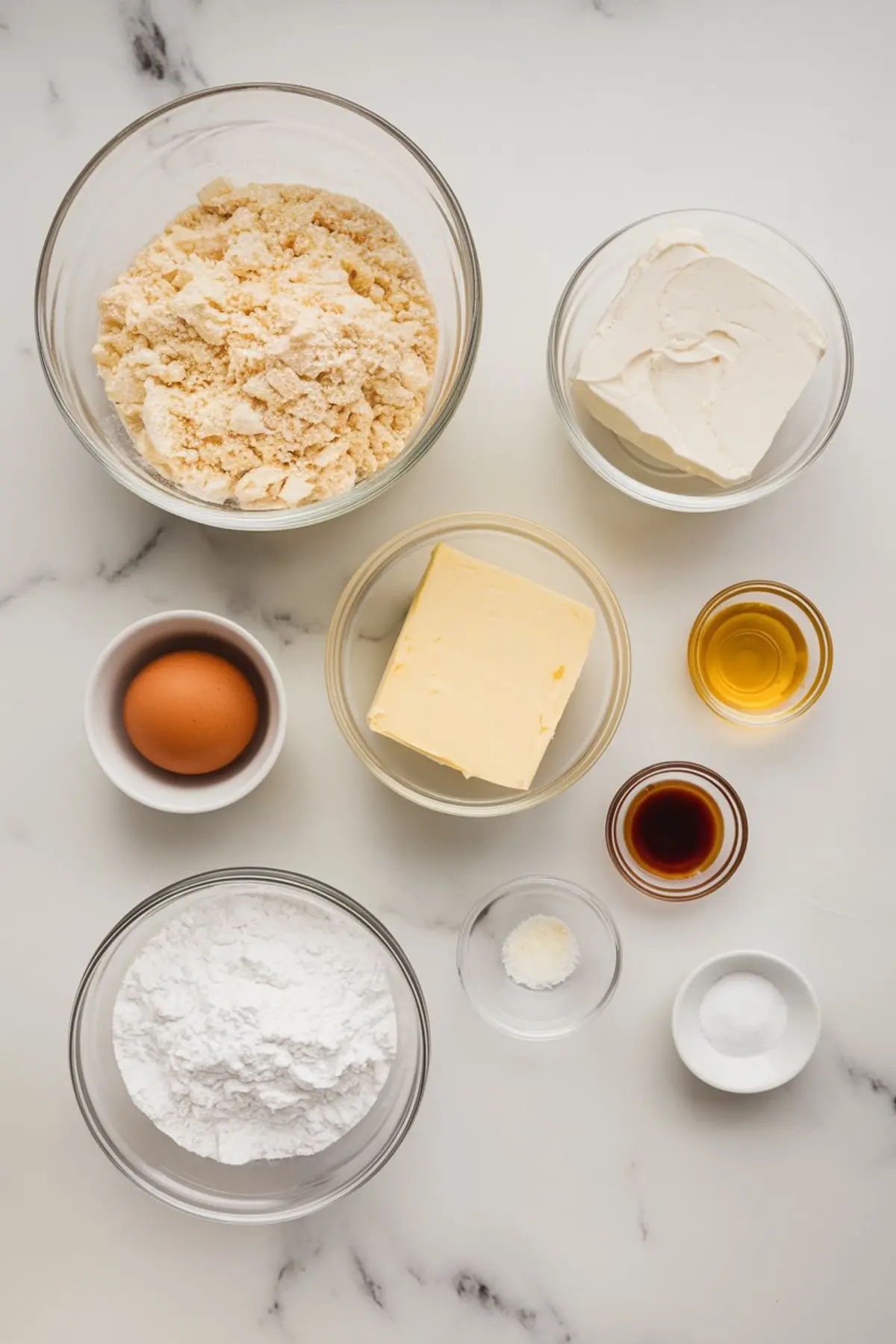 Flat-lay of gooey butter cookie ingredients including cream cheese, butter, vanilla extract, powdered sugar, yellow cake mix, one egg, baking powder, and salt, all arranged in glass bowls on a white marble countertop.

