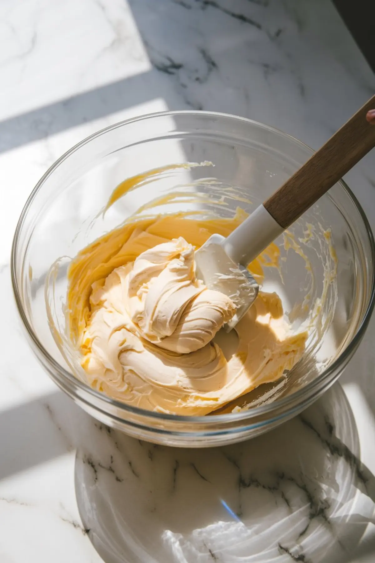 Glass bowl of whipped butter and cream cheese mixture being stirred with a rubber spatula, placed on a sunlit marble counter, capturing the light and fluffy texture of the cookie batter base.
