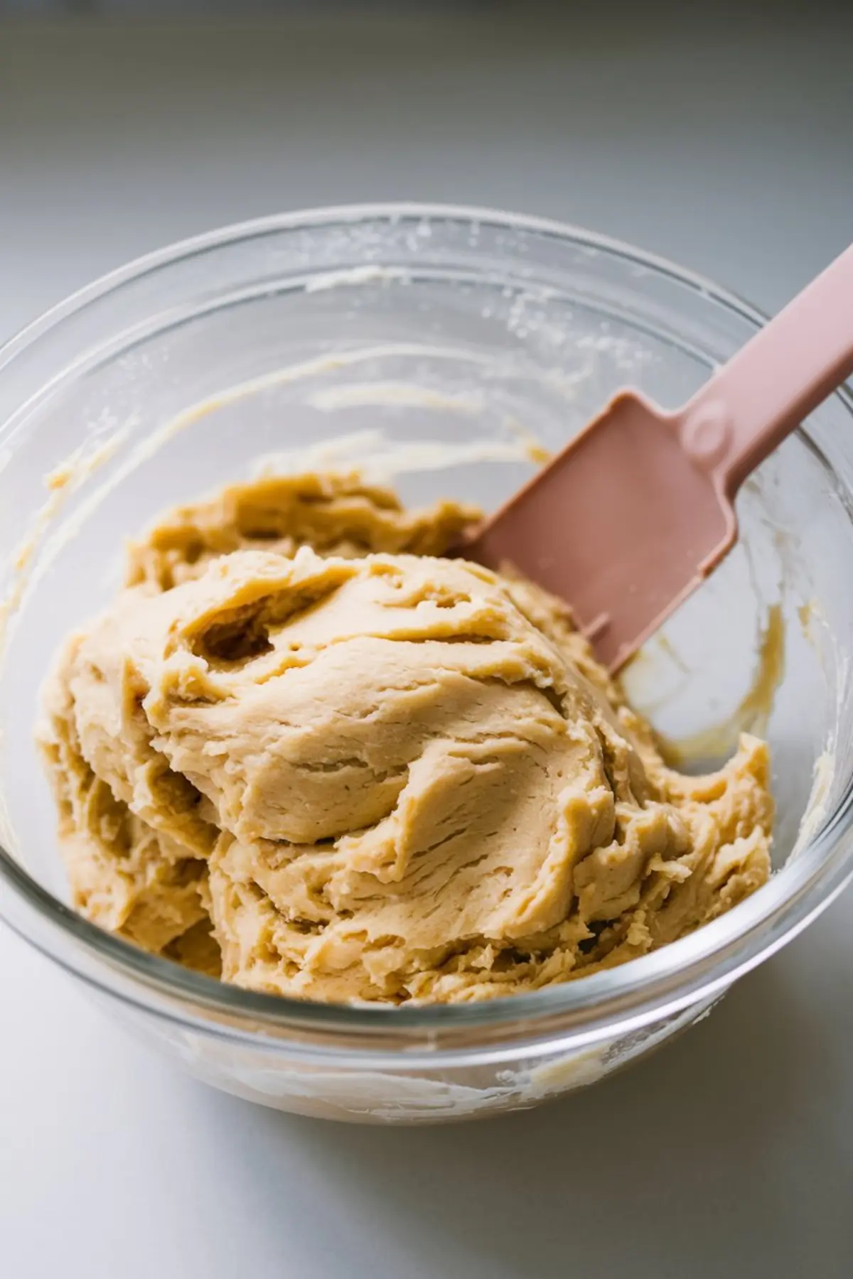 Close-up of thick, pale yellow cookie dough in a glass bowl with a pink spatula, showing the creamy and dense texture after ingredients are fully mixed.