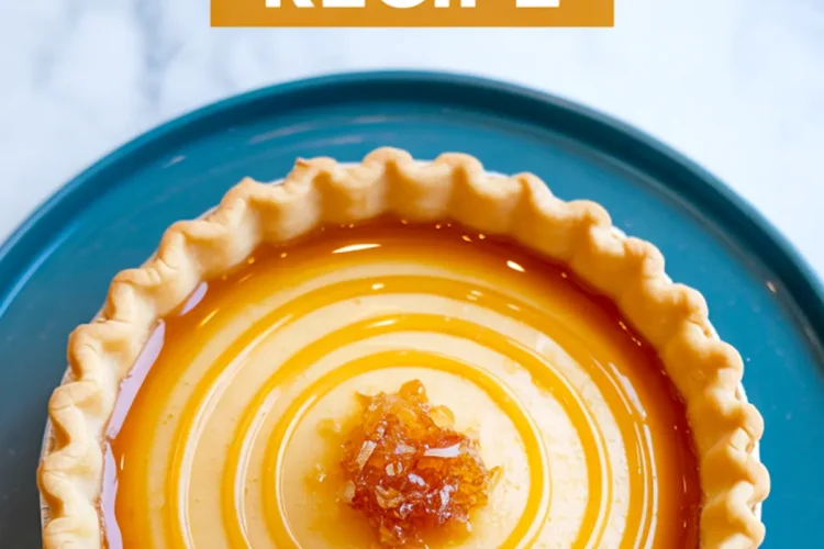 Baked honey pie on a teal plate, topped with concentric honey drizzle and a golden honeycomb garnish at the center, with text overlay reading “Honey Pie Recipe.”