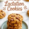Stack of oatmeal lactation cookies with chocolate chips and peanuts on a sage green plate with text overlay reading “The Best Lactation Cookies” in a bold script font.