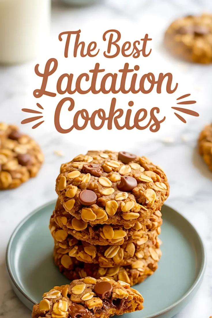 Stack of oatmeal lactation cookies with chocolate chips and peanuts on a sage green plate with text overlay reading “The Best Lactation Cookies” in a bold script font.