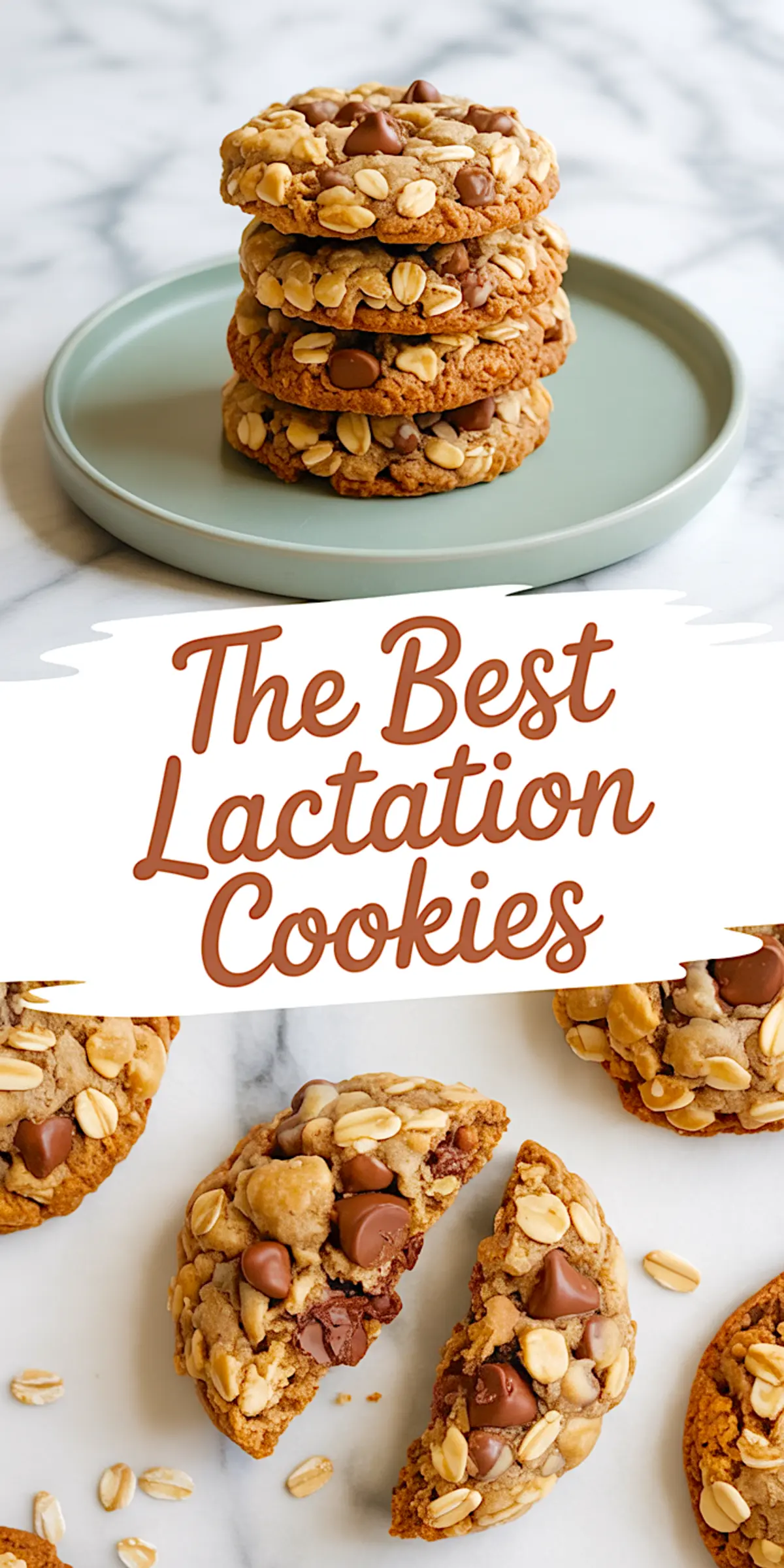 Top-down view of a cookie stack and halved oat chocolate chip cookies, captioned “The Best Lactation Cookies” on a white brushstroke banner.