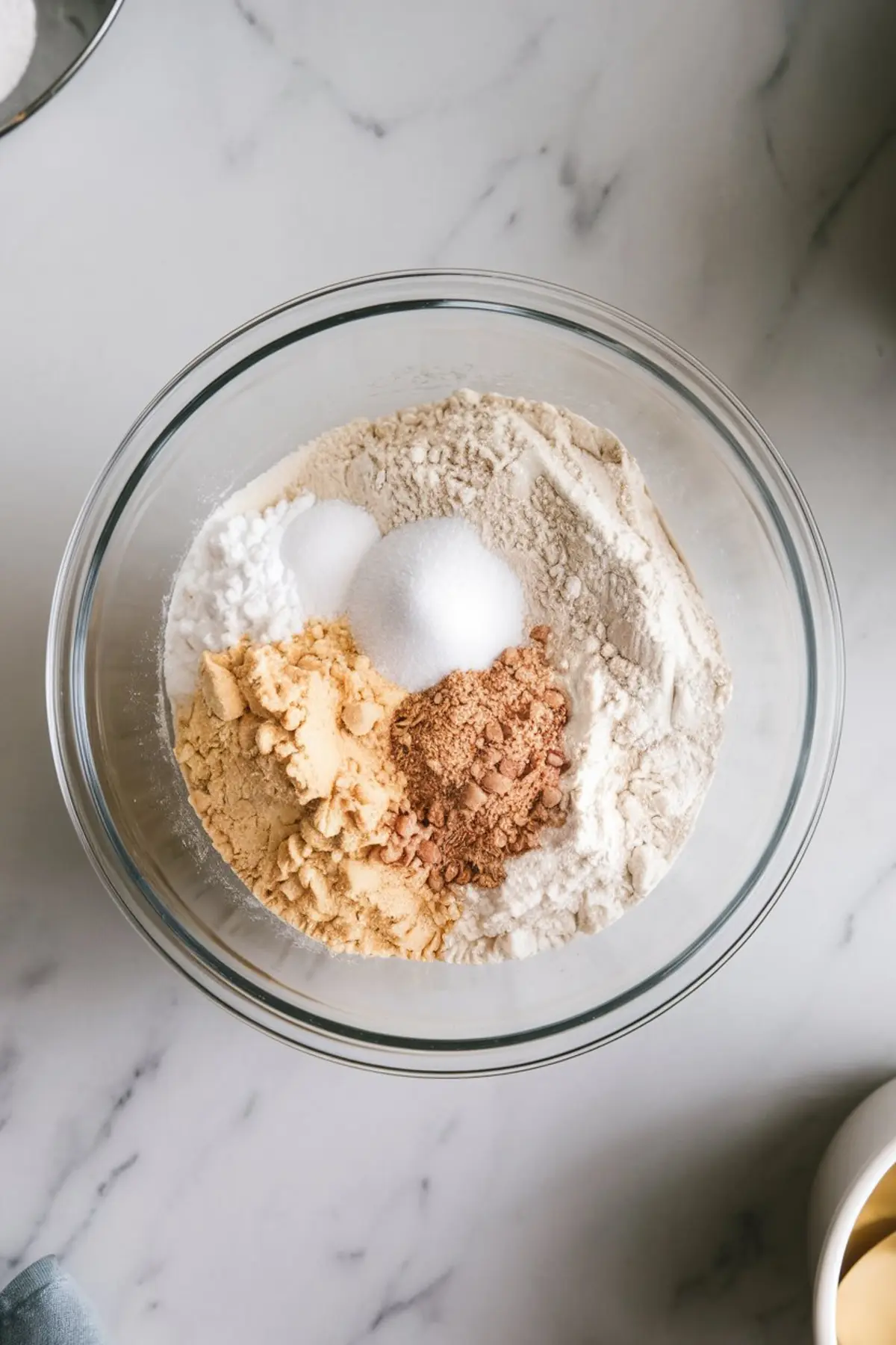 Overhead view of a glass bowl filled with dry baking ingredients including flour, baking powder, ground flaxseed, ground ginger, sugar, and spices on a white marble countertop.