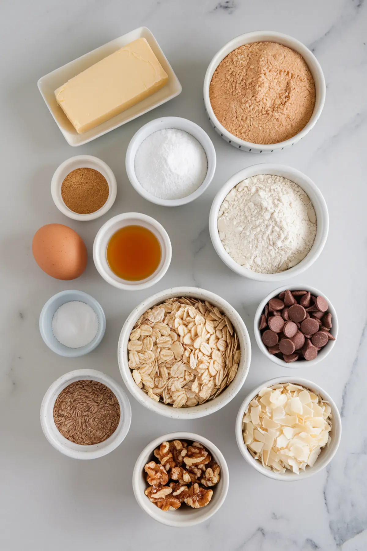 Flat lay of individual ingredients in small bowls for lactation cookies, including rolled oats, chocolate chips, flour, sugar, egg, butter, walnuts, vanilla extract, flaxseed, coconut flakes, and baking soda.