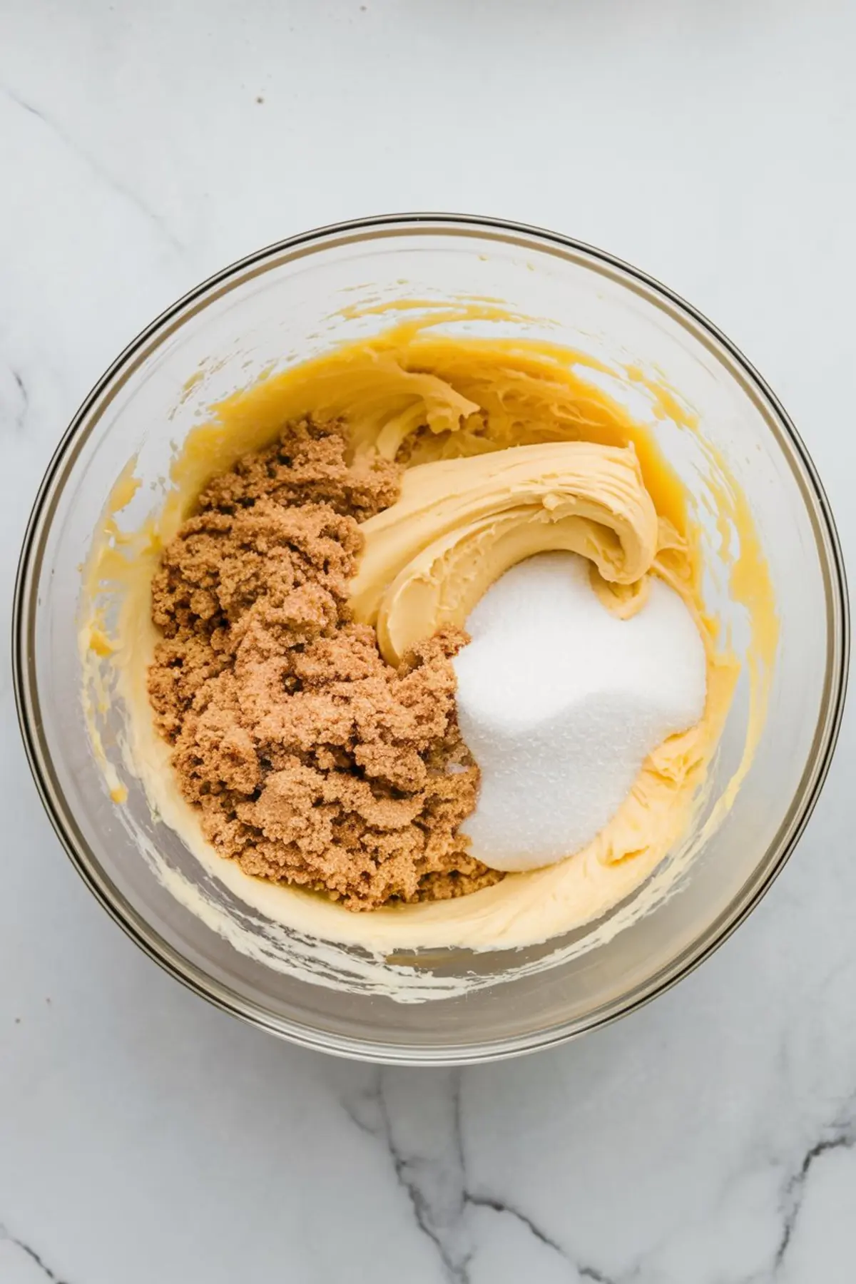 Mixing bowl containing creamed butter, brown sugar, and granulated sugar partially blended for a cookie dough base on a light marble surface.