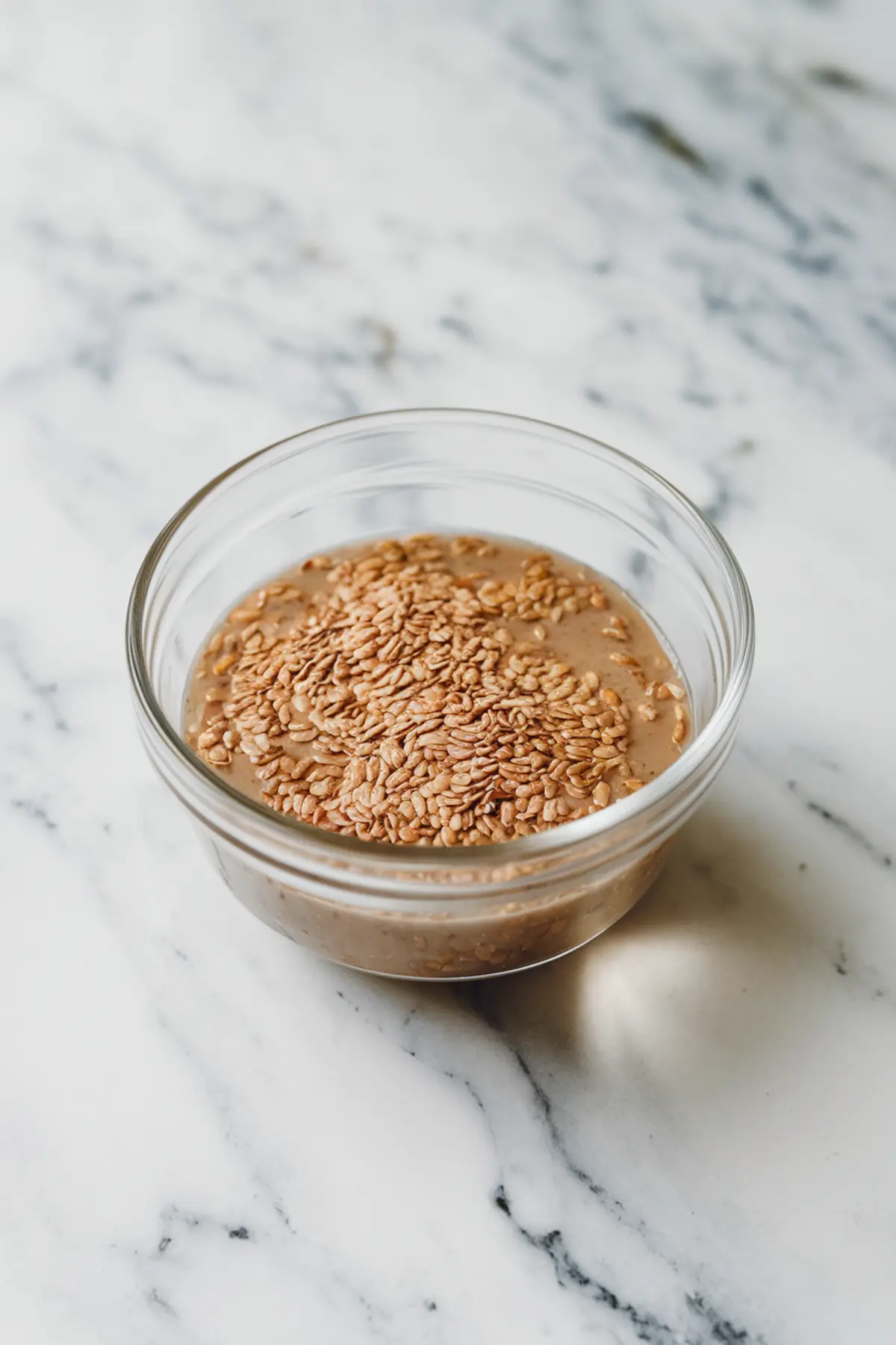 Small clear bowl filled with whole flaxseeds soaking in water to create a flax egg on a marble countertop.