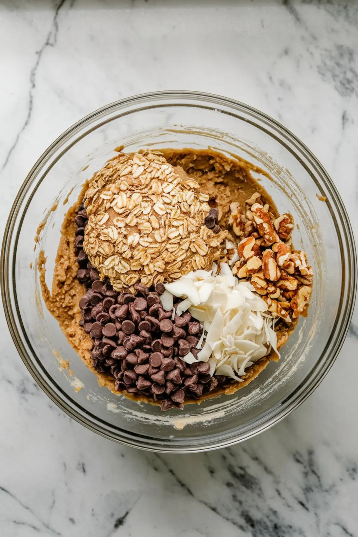 Cookie dough mixture in a glass bowl with visible ingredients including rolled oats, chocolate chips, coconut flakes, and chopped walnuts, ready for mixing.