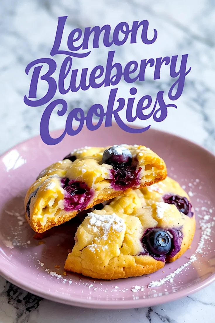 Close-up of baked lemon blueberry cookies with a golden crust and bursting blueberries, stacked on a pink plate and sprinkled with powdered sugar, with text overlay reading “Lemon Blueberry Cookies.”