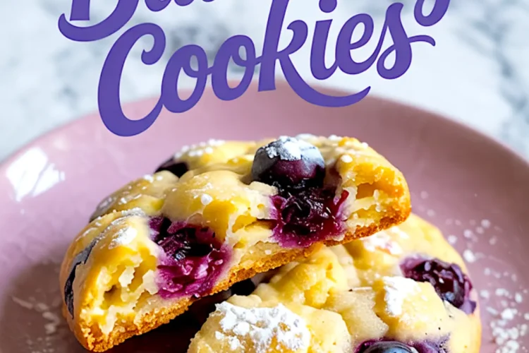 Close-up of baked lemon blueberry cookies with a golden crust and bursting blueberries, stacked on a pink plate and sprinkled with powdered sugar, with text overlay reading “Lemon Blueberry Cookies.”