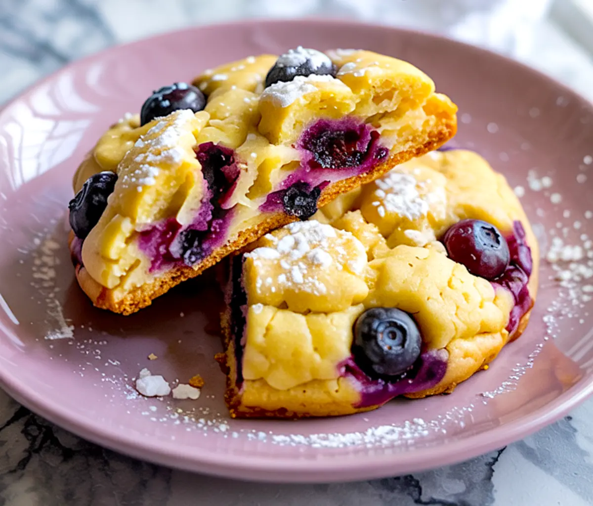 A pink plate with two thick lemon blueberry cookies, one broken open to reveal a soft, fluffy interior and vibrant blueberry pockets, dusted with powdered sugar.