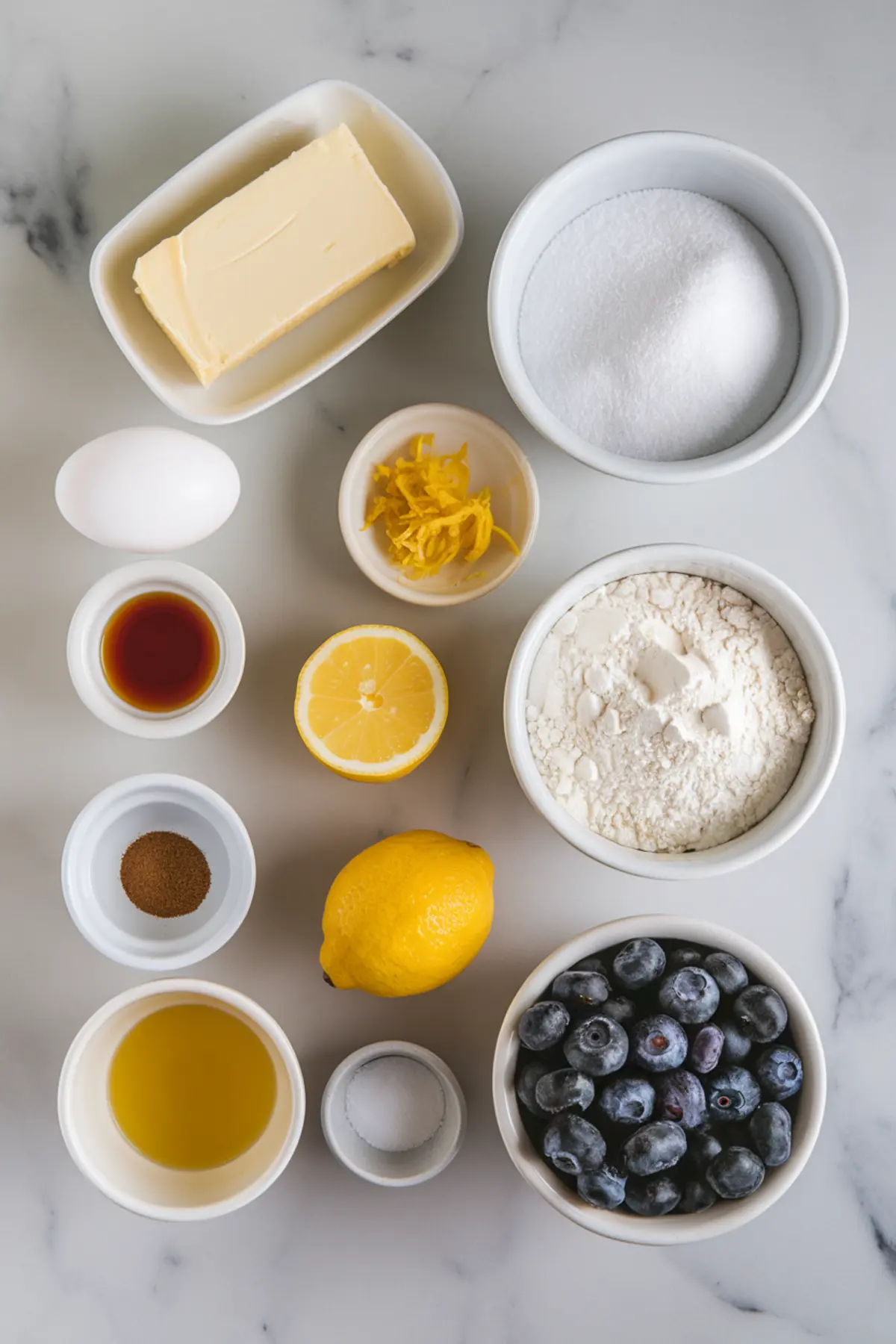 Overhead view of individual baking ingredients in white bowls, including butter, sugar, flour, blueberries, lemon zest, a halved lemon, vanilla extract, egg, baking soda, and cinnamon, arranged on a marble surface.