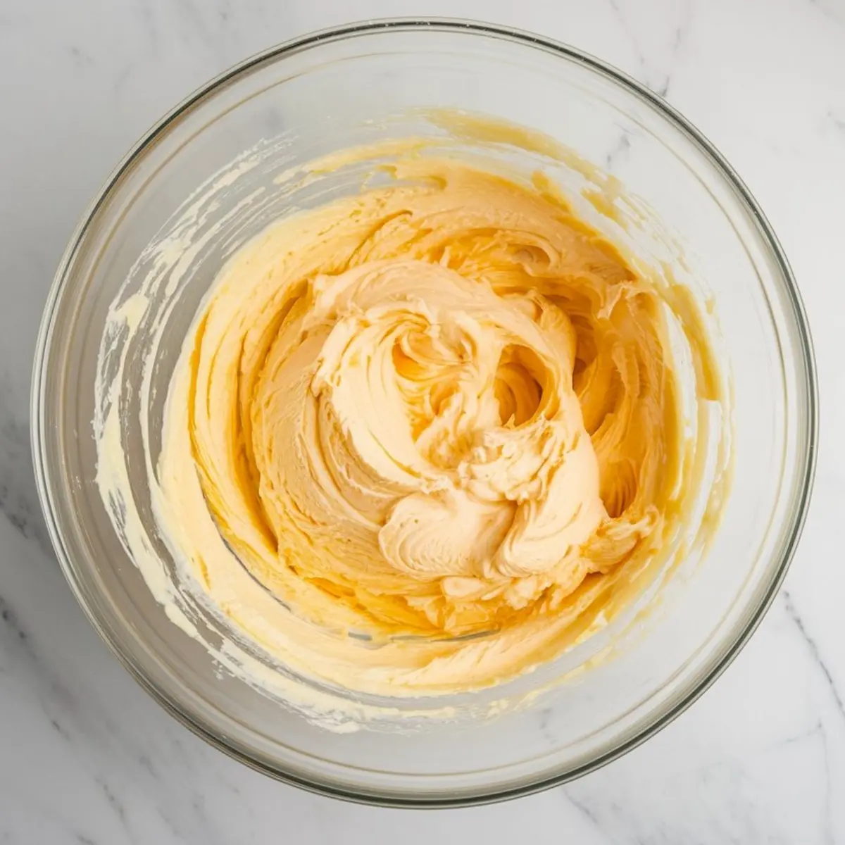 A clear glass bowl containing creamy, whipped lemon cookie dough, showing the smooth, fluffy texture of the mixed wet ingredients.