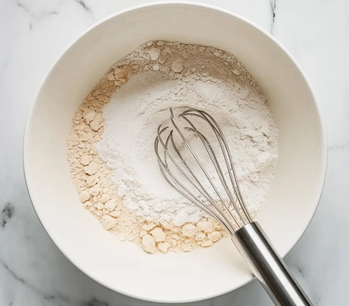 A large white bowl containing dry ingredients including flour, with a stainless steel whisk resting inside, placed on a marble surface.