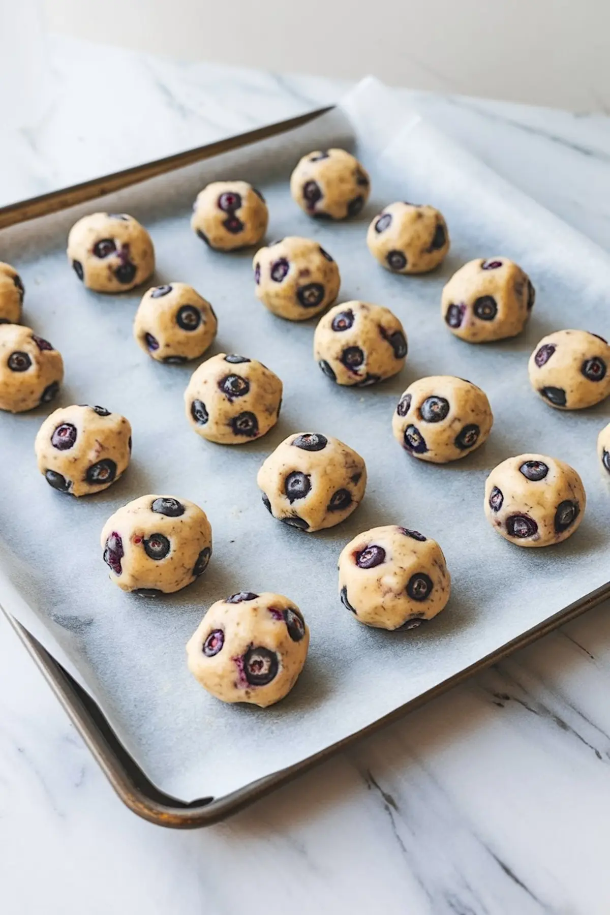 A parchment-lined baking sheet holding multiple evenly spaced raw lemon blueberry cookie dough balls ready for baking.