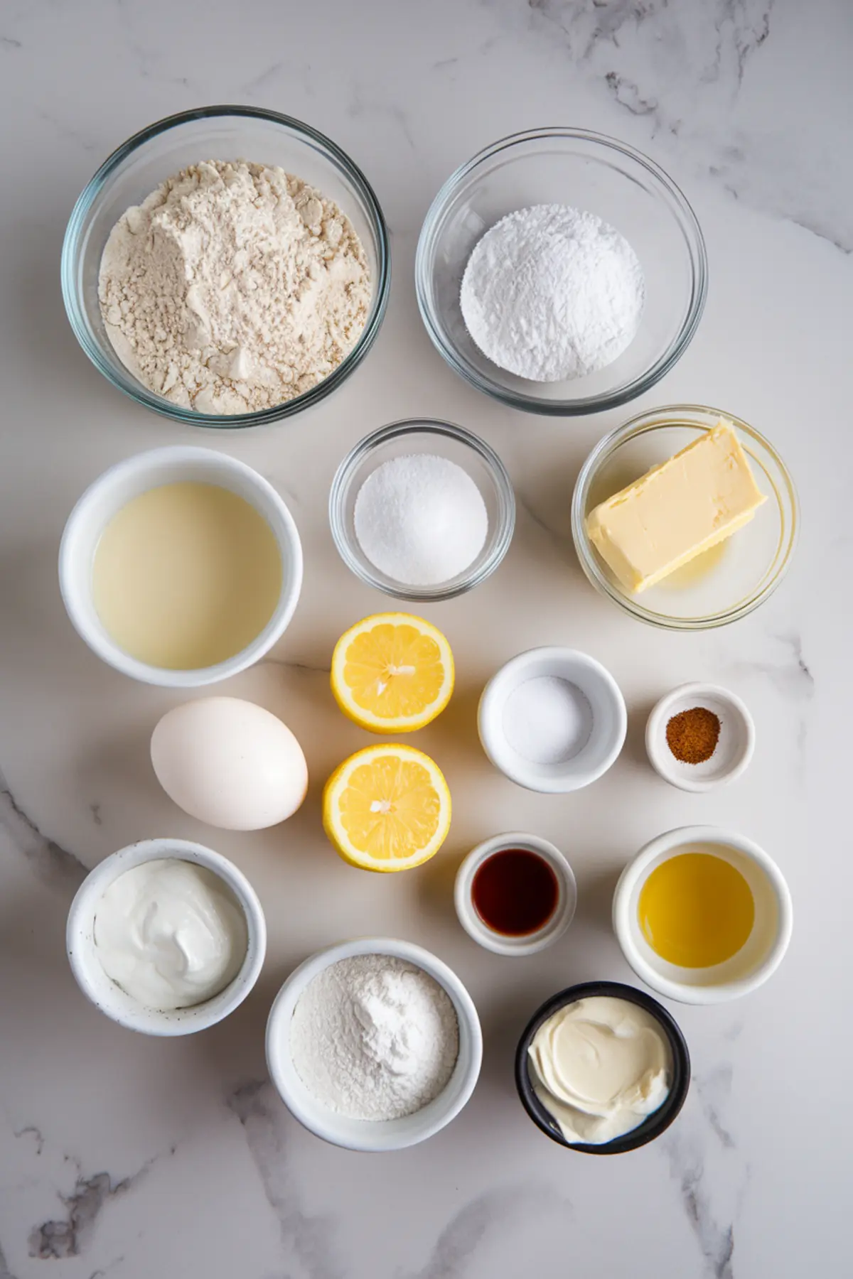 Flat lay of lemon cupcake ingredients including flour, powdered sugar, butter, egg, halved lemons, yogurt, sour cream, vanilla extract, lemon juice, oil, salt, and spices arranged in glass and ceramic bowls on a marble surface.
