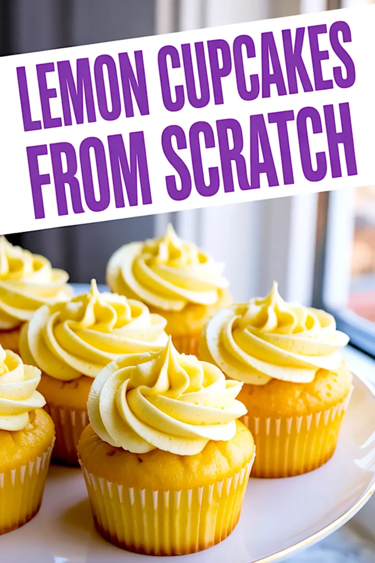 Decorative image with multiple lemon cupcakes topped with swirls of lemon frosting on a white plate by the window, overlaid with the text “Lemon Cupcakes From Scratch” in bold purple font.