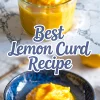 Collage with a glass jar of creamy lemon curd and a serving of curd on a blue ceramic plate, with text “Best Lemon Curd Recipe.” Showcasing lemon curd dessert ideas, lemon curd rezept, and what to do with lemon curd.