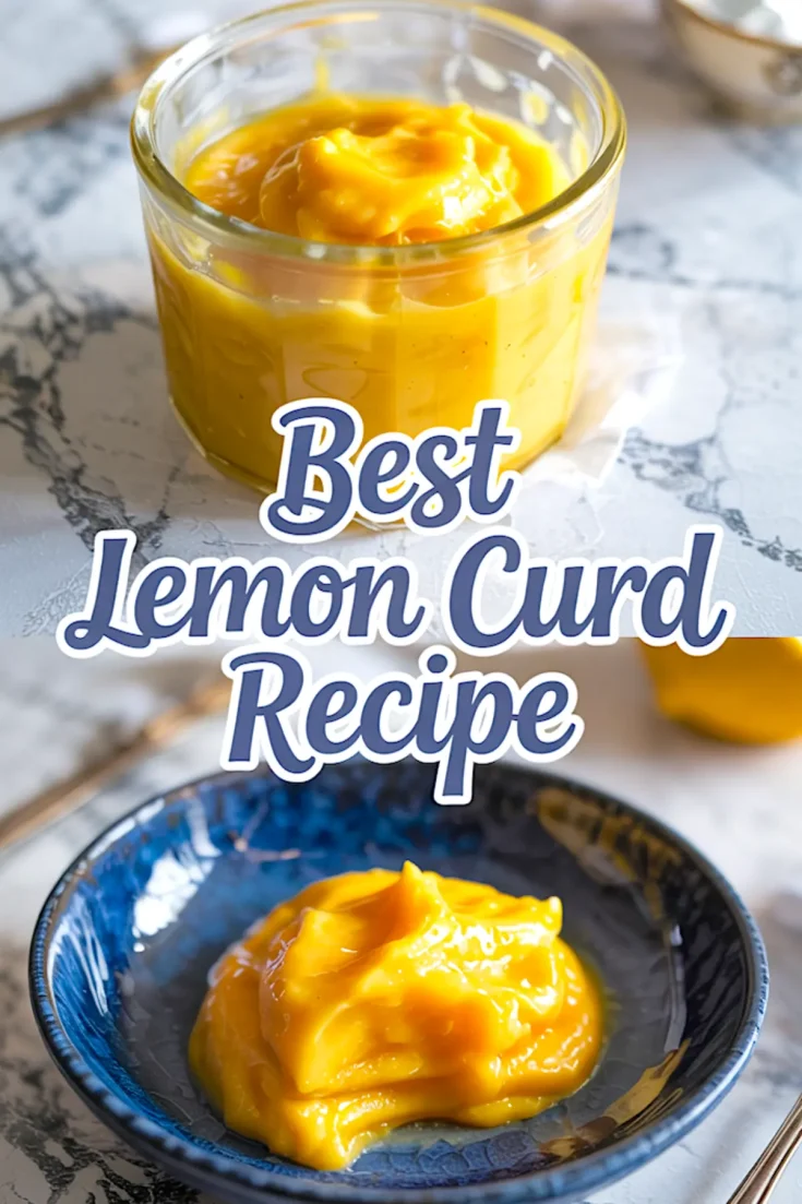 Collage with a glass jar of creamy lemon curd and a serving of curd on a blue ceramic plate, with text “Best Lemon Curd Recipe.” Showcasing lemon curd dessert ideas, lemon curd rezept, and what to do with lemon curd.