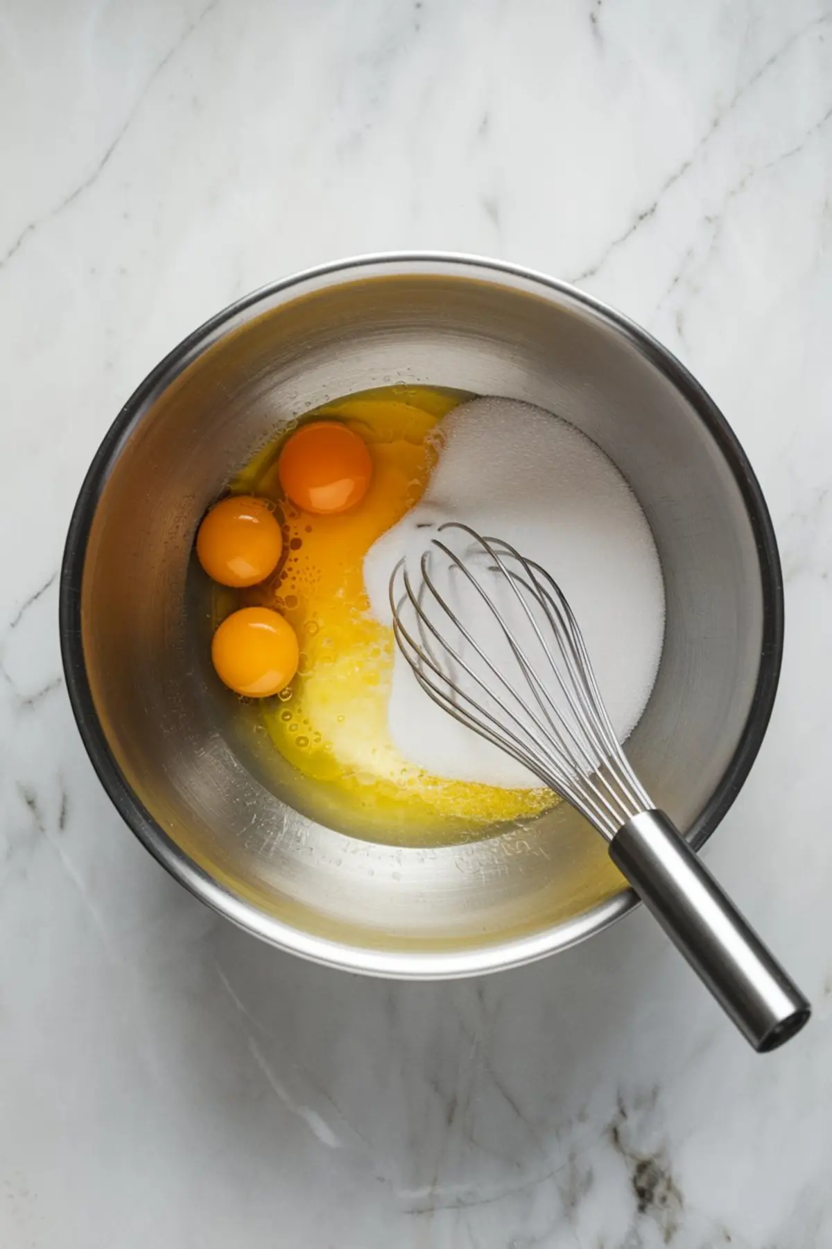 Raw eggs and sugar in a mixing bowl with a metal whisk, ready to be blended for lemon curd preparation. Starting step for lemon curd filling, lemon curd dessert ideas, and lemon curd recipe desserts.
