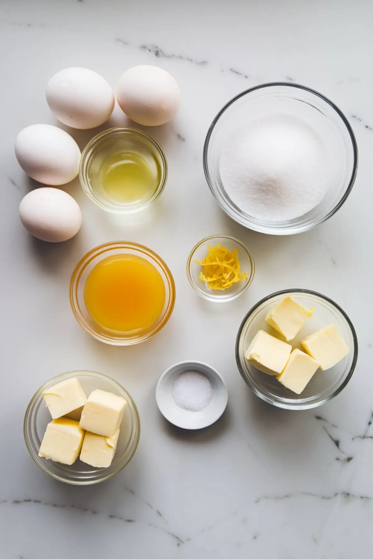 A flat lay of lemon curd ingredients on a white marble surface, including whole eggs, granulated sugar, lemon juice, lemon zest, butter cubes, and salt in glass bowls. Ingredients for easy lemon curd recipe, lemon curd filling, and lemon curd dessert ideas.
