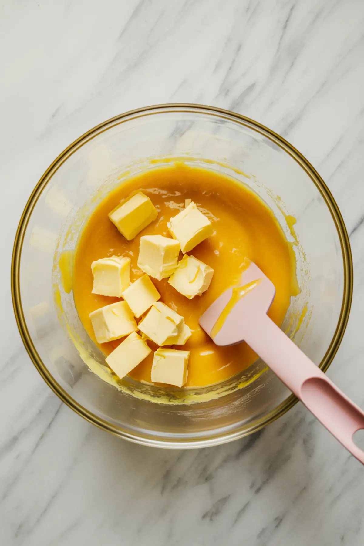 Butter cubes being mixed into a bowl of vibrant yellow lemon curd mixture with a pink spatula. Preparation step for best lemon curd recipe, lemon curd cake recipe, and lemon curd pie.
