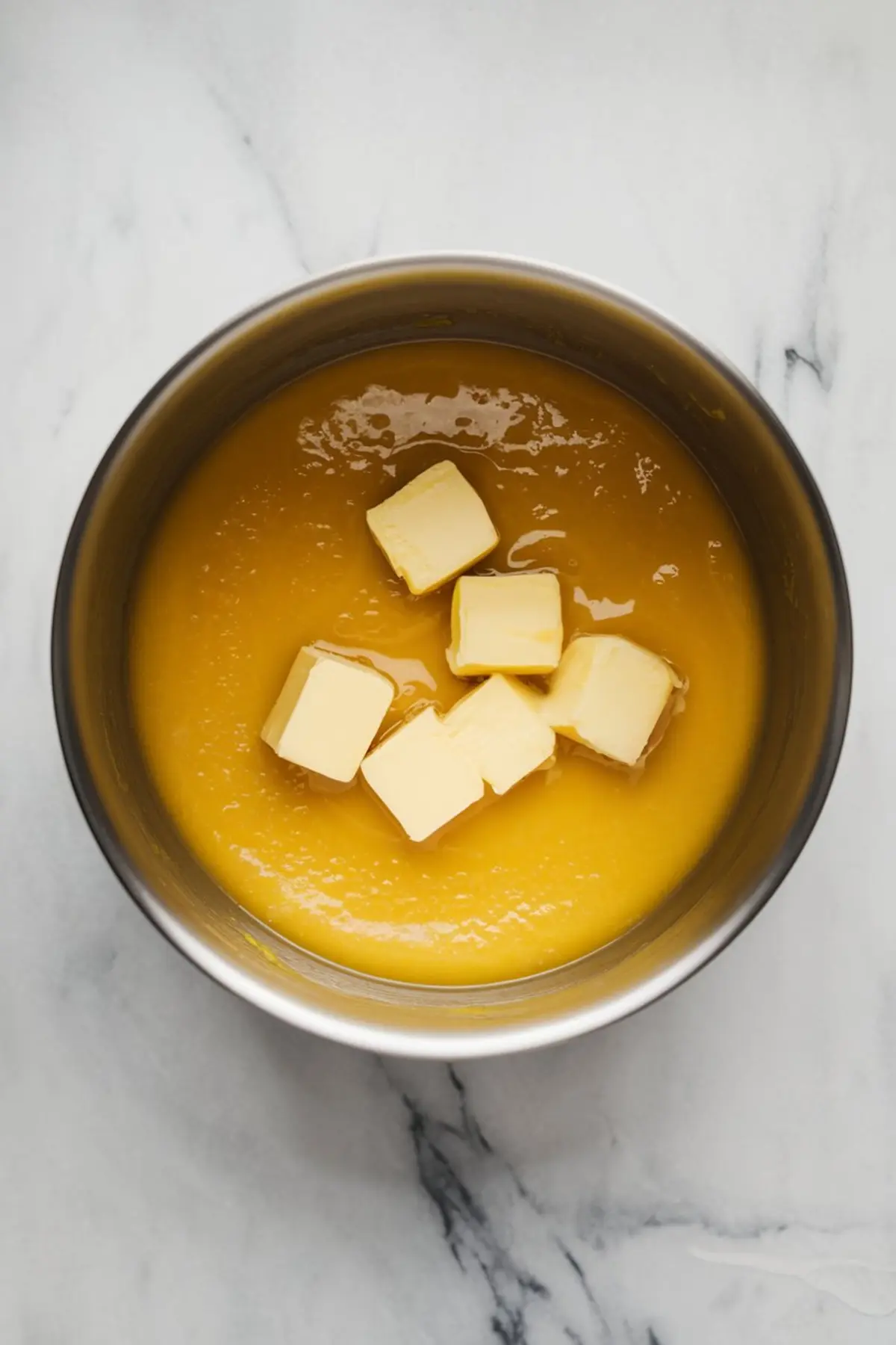 Butter cubes added to a smooth, glossy lemon curd mixture in a stainless steel saucepan. Cooking step for lemon curd recipe desserts, easy lemon curd recipe, and recipes using lemon curd.
