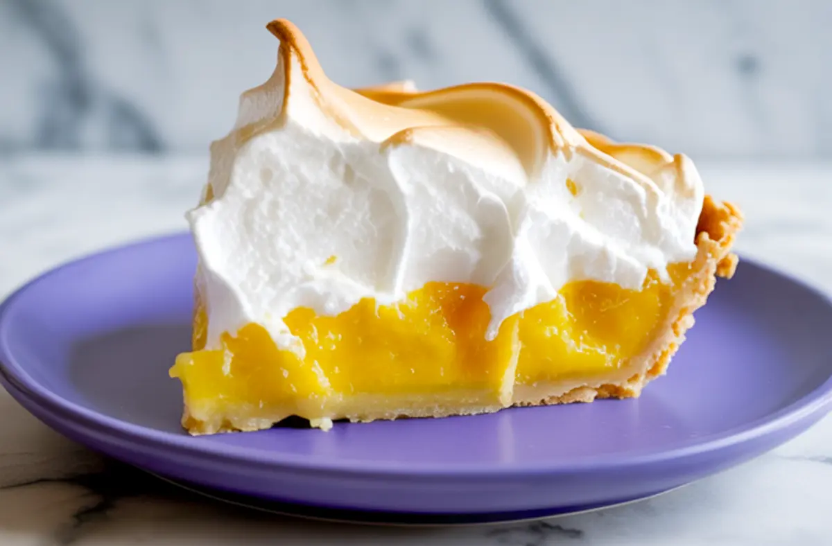 Close-up of a single slice of lemon meringue pie on a purple plate, showcasing bright yellow lemon filling and fluffy toasted meringue topping.
