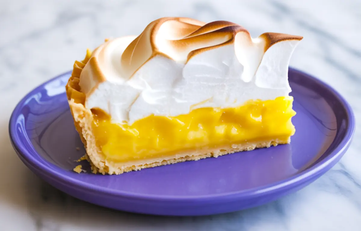 Single slice of lemon meringue pie on a purple plate with vibrant lemon curd layer and thick, lightly browned meringue on top.
