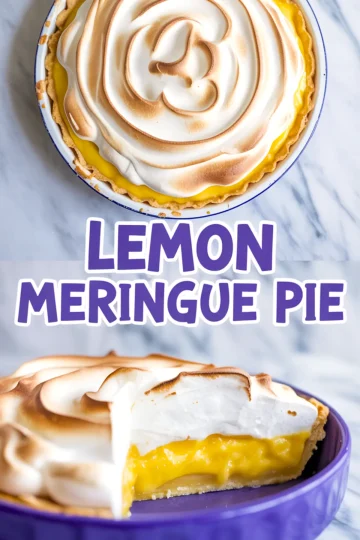 Collage of whole lemon meringue pie with swirled toasted meringue topping and a cut slice revealing bright yellow lemon filling, with “Lemon Meringue Pie” text overlay.
