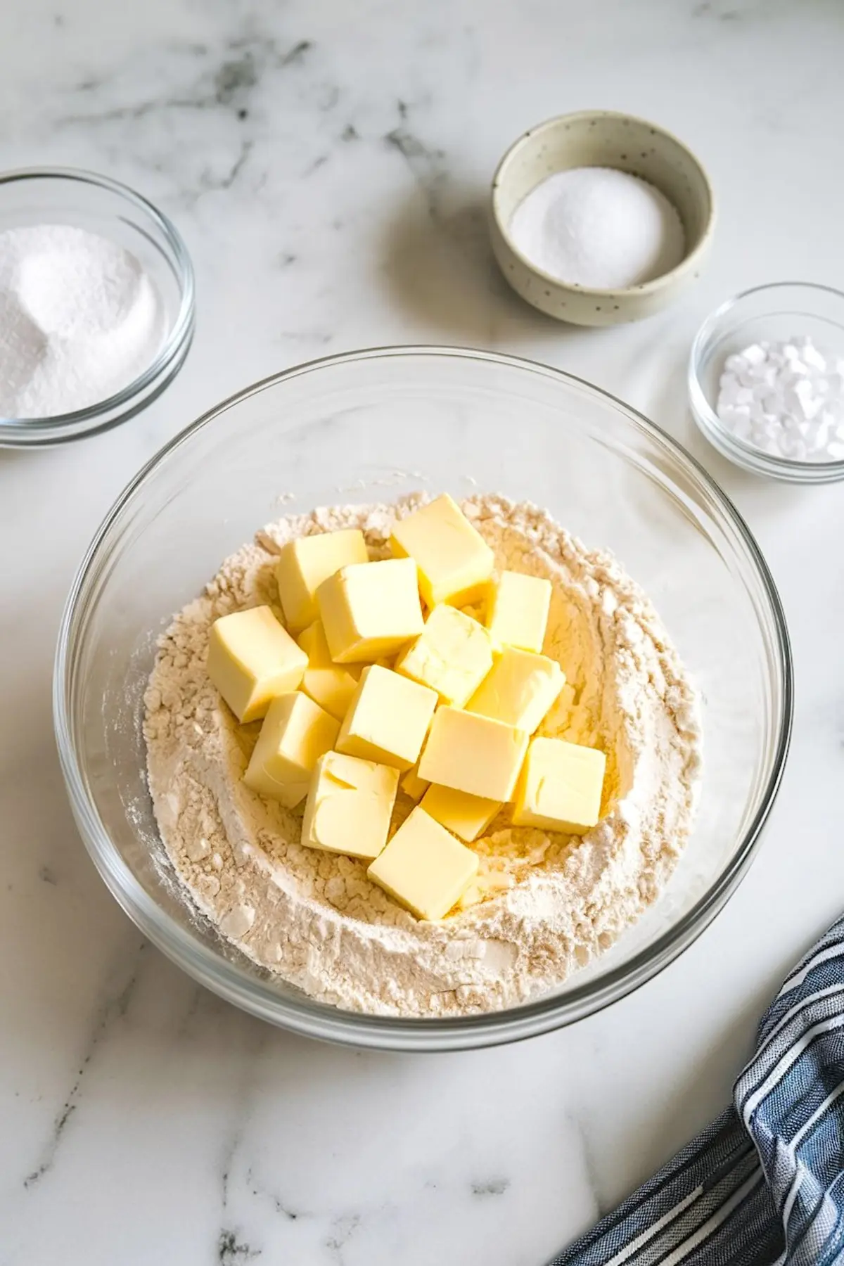 Large glass bowl with flour and cubed butter for pastry dough, surrounded by additional small bowls of sugar and salt on a marble countertop.
