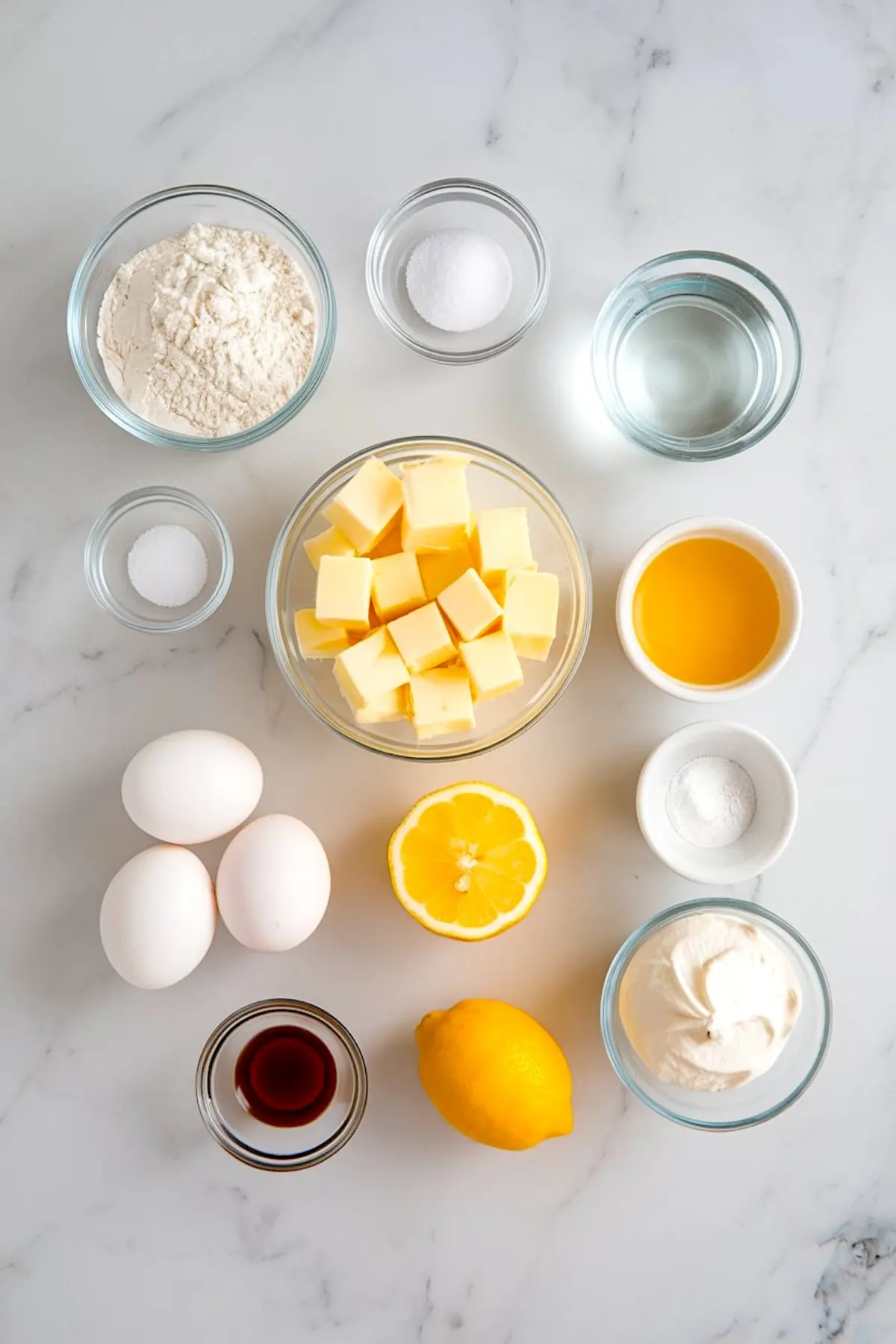 Flat lay of lemon meringue pie ingredients including flour, sugar, water, cubed butter, eggs, vanilla extract, lemon juice, baking powder, and cream cheese on a white marble background.
