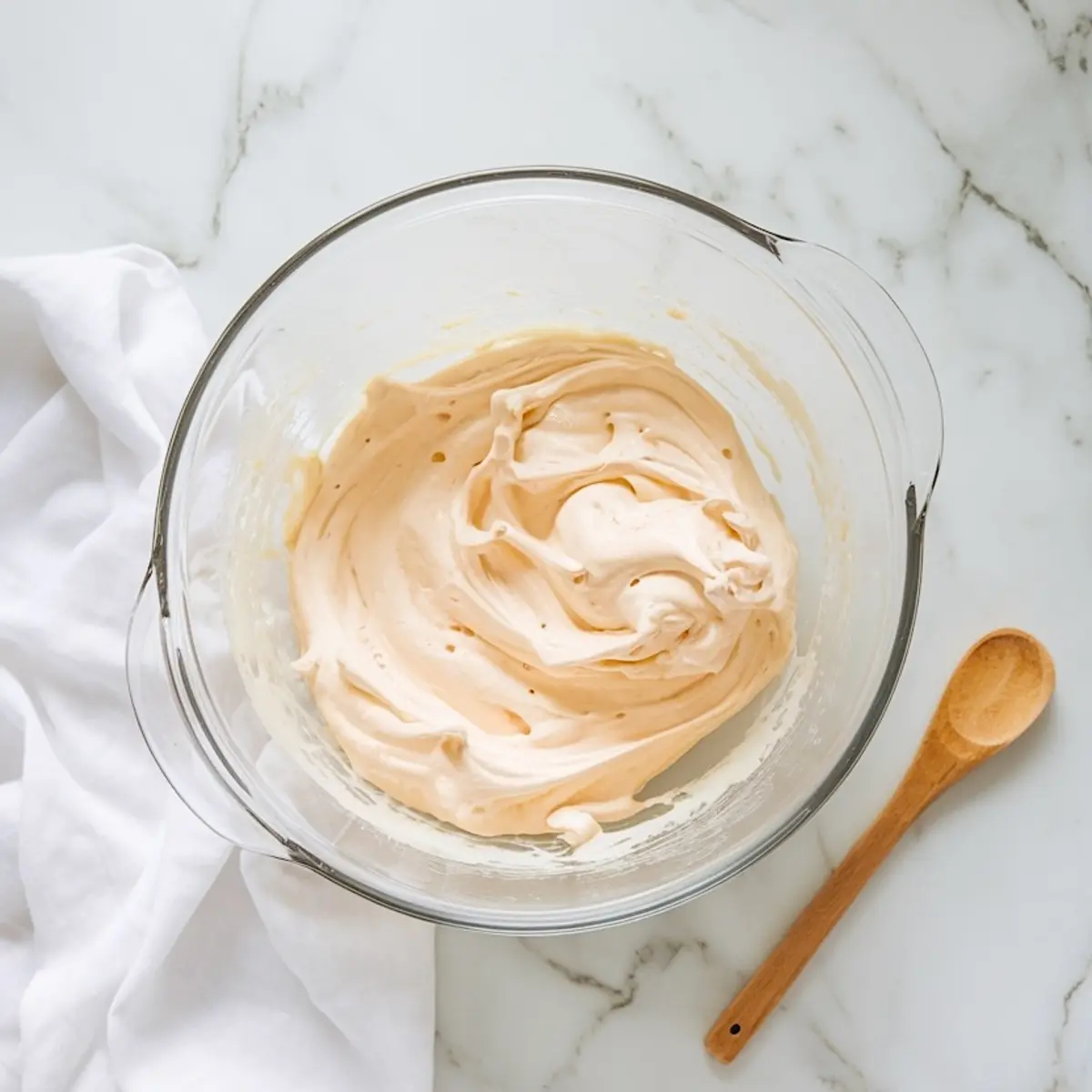 Glass mixing bowl filled with smooth whipped meringue on a white marble countertop, with a wooden spoon and white cloth nearby.
