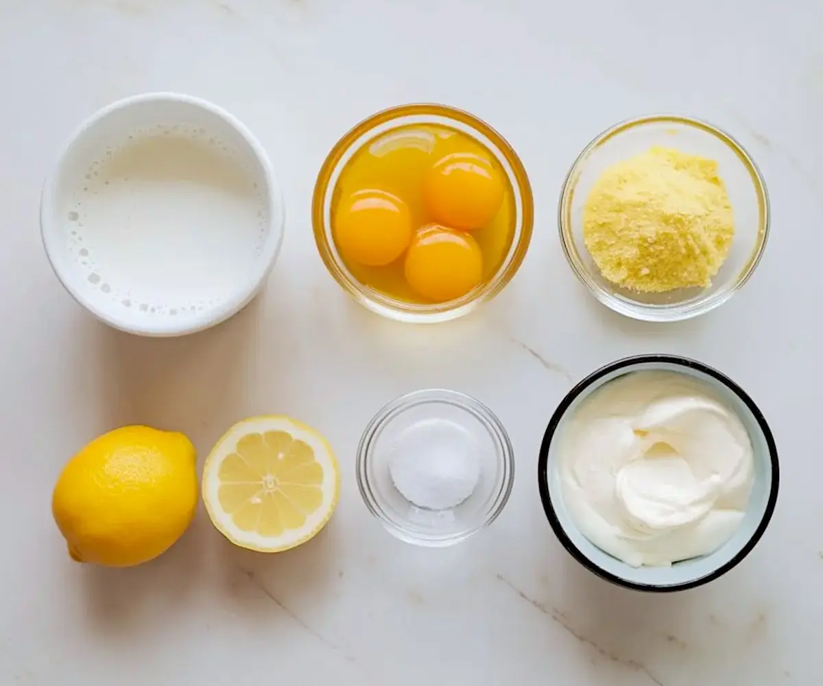 Overhead view of lemon pie ingredients arranged on a marble surface, including milk, egg yolks, cornmeal, whole lemon, lemon half, sugar, and sour cream.