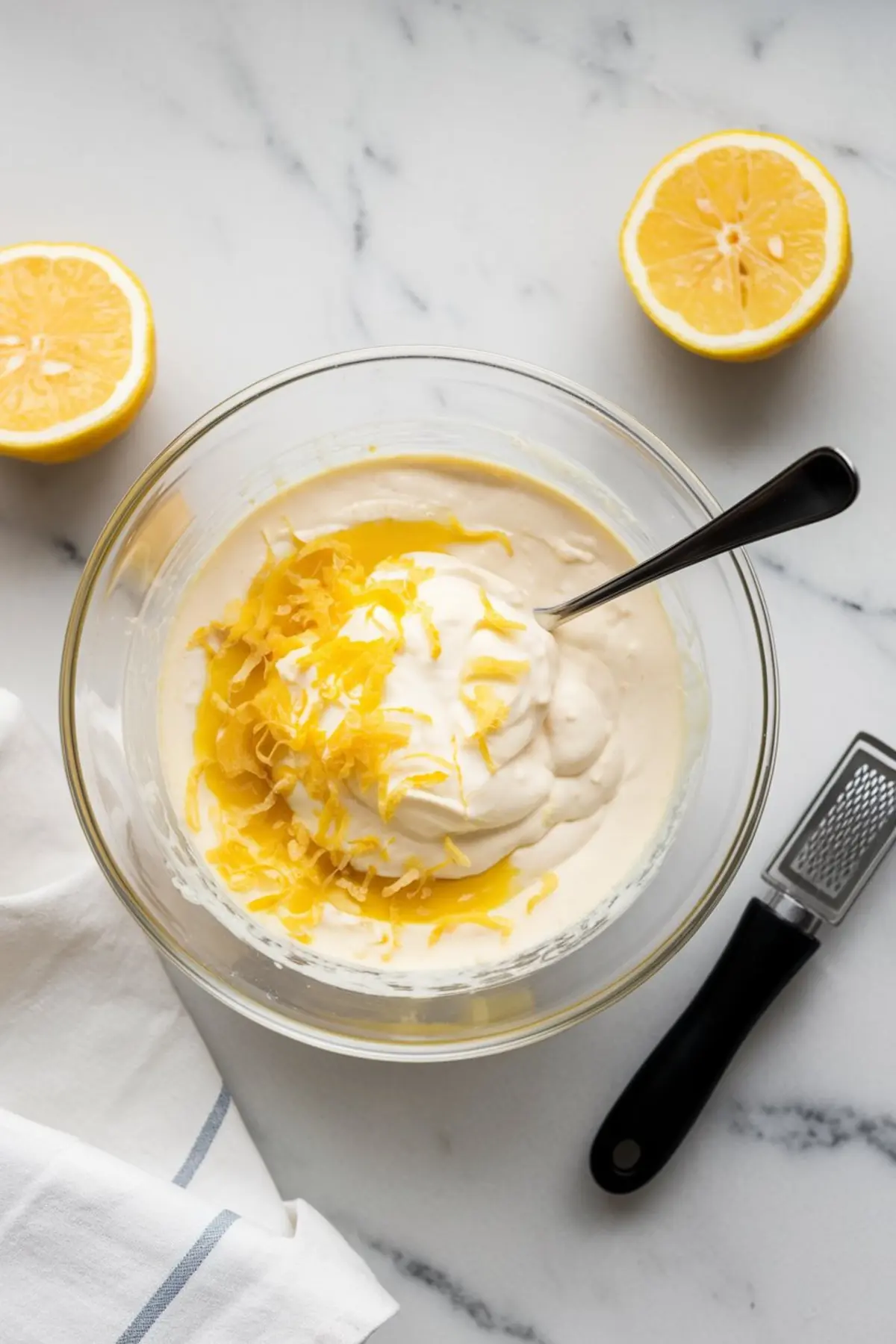 Glass bowl with creamy lemon pie filling mixture, topped with lemon zest and sour cream, surrounded by lemon halves and a microplane zester.
