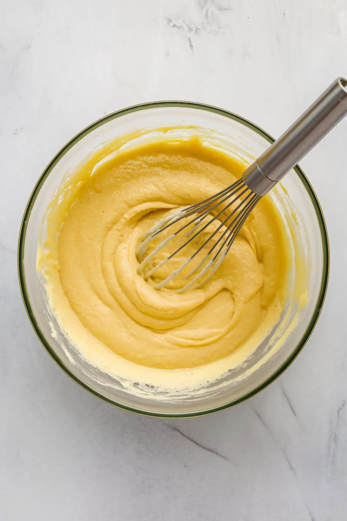 Thick lemon pie batter in a glass bowl being mixed with a whisk, showing a smooth, golden-yellow consistency on a light background.