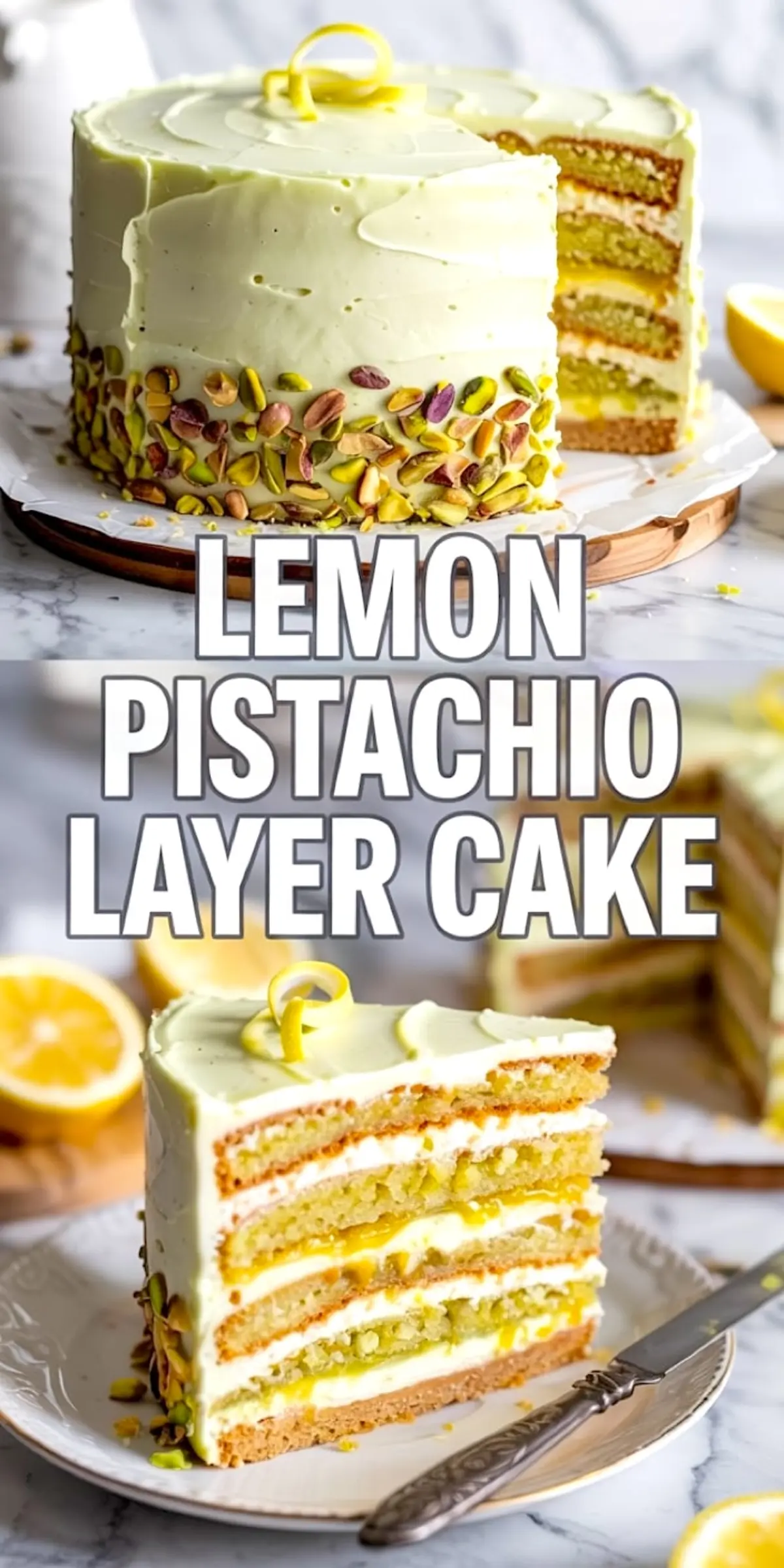Collage image showcasing a full lemon pistachio layer cake and a cut slice. The cake is coated in lemon frosting and accented with chopped pistachios along the base. The slice reveals alternating layers of pistachio cake, lemon curd, and creamy frosting, topped with curled lemon zest.