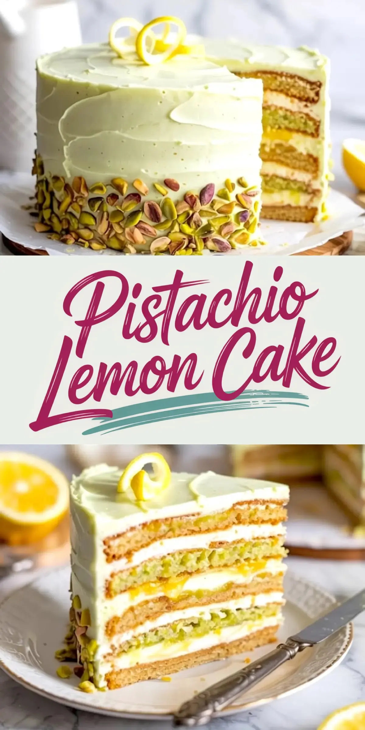 Collage image showing a whole pistachio lemon layer cake and a slice of it. The tall cake features smooth pale green lemon frosting, decorated with chopped pistachios along the bottom edge. The sliced portion reveals alternating layers of moist pistachio cake, creamy frosting, and bright lemon curd. Garnished with twisted lemon zest on top.