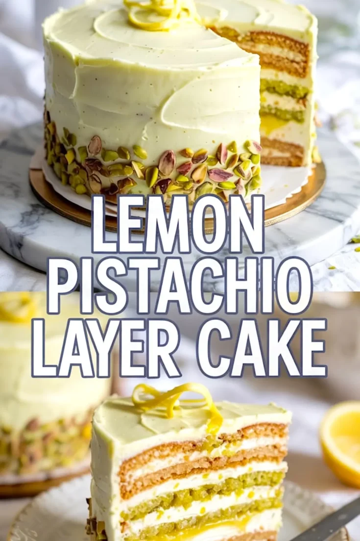 Collage image displaying a whole lemon pistachio layer cake and a plated slice. The cake has a smooth lemon frosting with chopped pistachios around the base. The interior layers consist of pistachio sponge, creamy filling, and vibrant lemon curd. The slice is served on a white plate with a silver knife, garnished with lemon zest curls.