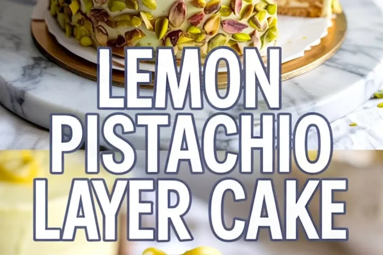 Collage image displaying a whole lemon pistachio layer cake and a plated slice. The cake has a smooth lemon frosting with chopped pistachios around the base. The interior layers consist of pistachio sponge, creamy filling, and vibrant lemon curd. The slice is served on a white plate with a silver knife, garnished with lemon zest curls.