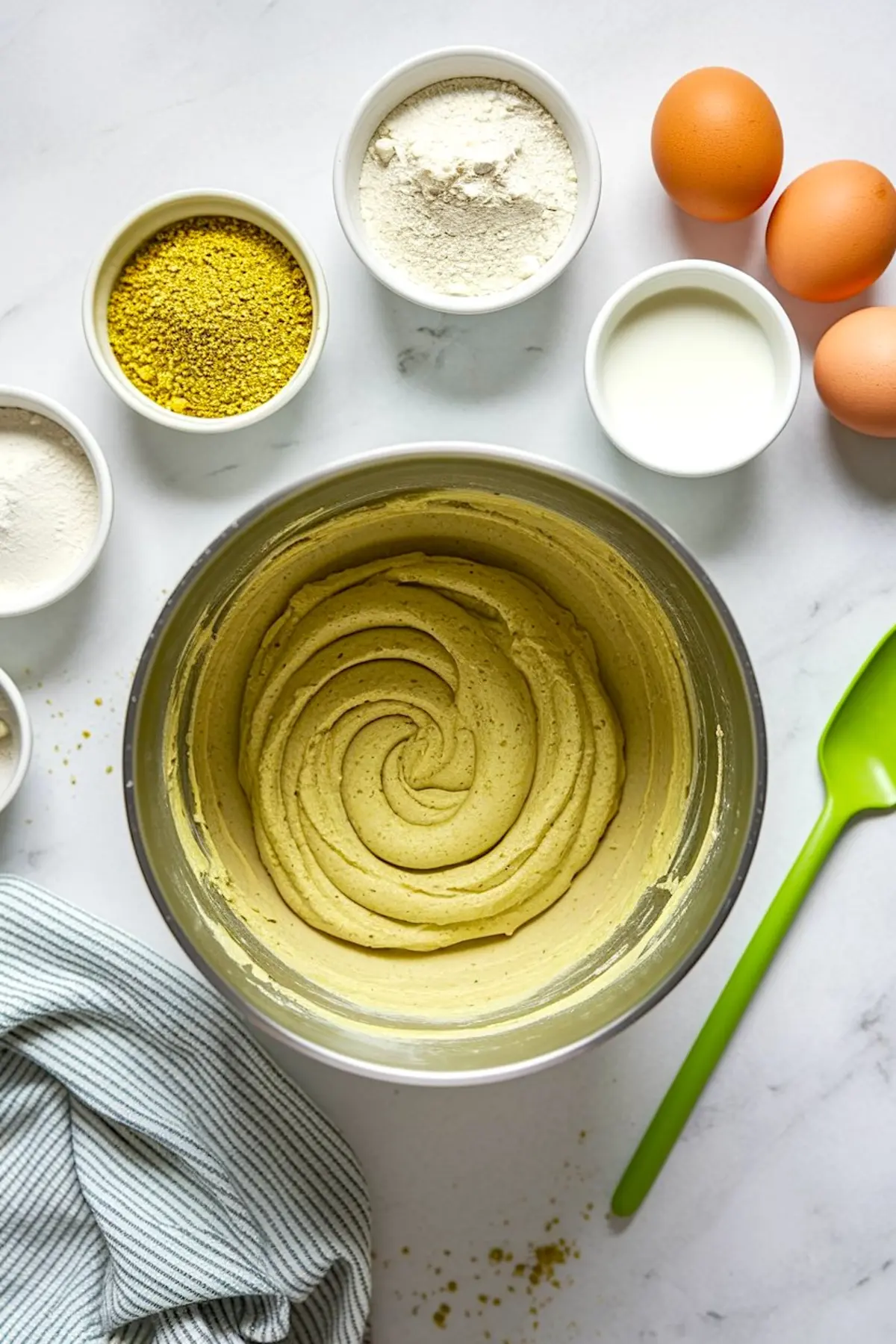 Baking preparation image featuring a metal bowl filled with pistachio cake batter swirled smoothly. Surrounding the bowl are small bowls of ground pistachios, flour, sugar, milk, and eggs. A green spatula and striped kitchen towel are placed nearby on the white countertop.