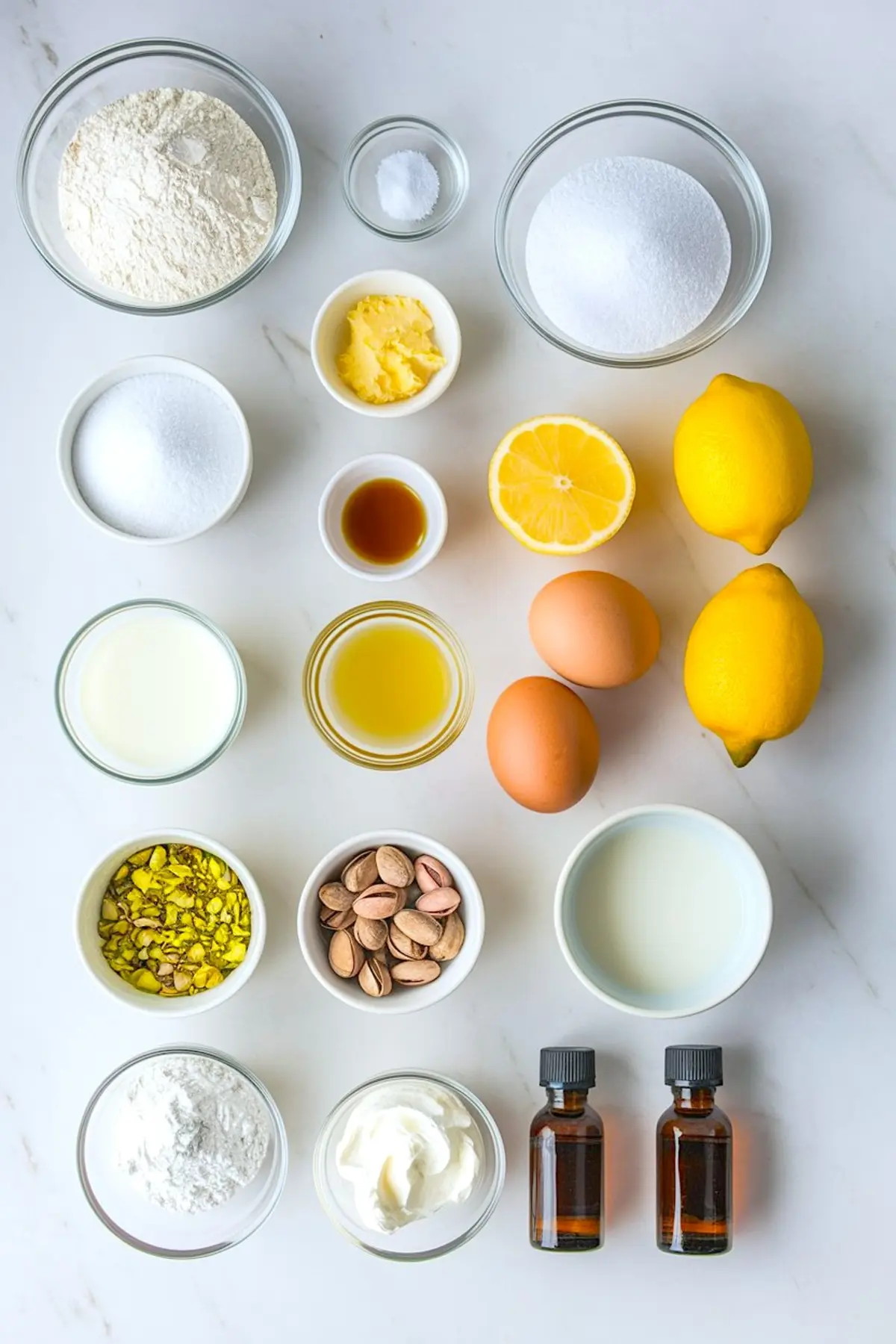 Flat lay image of ingredients for lemon pistachio cake. Includes bowls of flour, sugar, butter, vanilla extract, milk, oil, sour cream, salt, chopped pistachios, whole pistachios, and two bottles of extract. Also displayed are whole lemons, a halved lemon, and eggs on a white background.