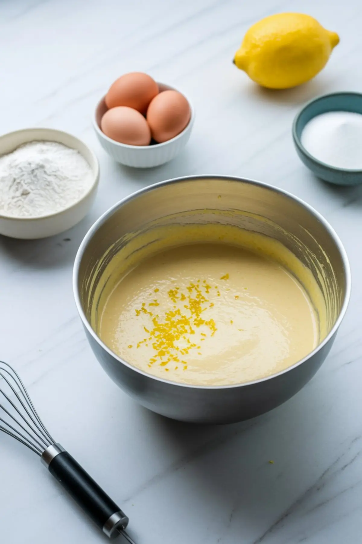 Preparation image showing lemon cake batter in a mixing bowl, topped with fresh lemon zest. Surrounding the bowl are eggs, flour, sugar, and a whole lemon, with a metal whisk resting on the white countertop.