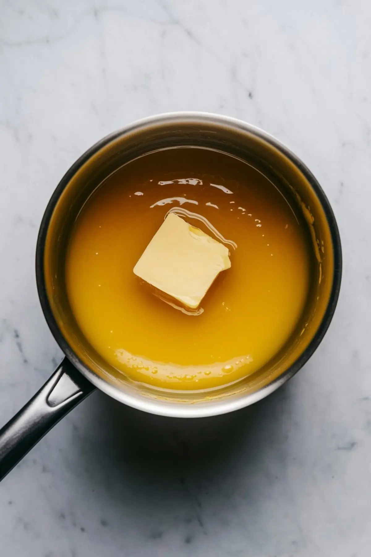 Close-up image of a saucepan with homemade lemon curd. The vibrant yellow curd is melting with a pat of butter in the center, creating a glossy surface, set against a marble background.