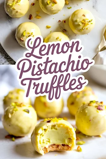 Lemon pistachio truffles set on a marble surface, with smooth yellow chocolate coating and chopped pistachio topping. Below, close-up revealing the creamy lemon filling, crunchy biscuit layer, and nut garnish.
